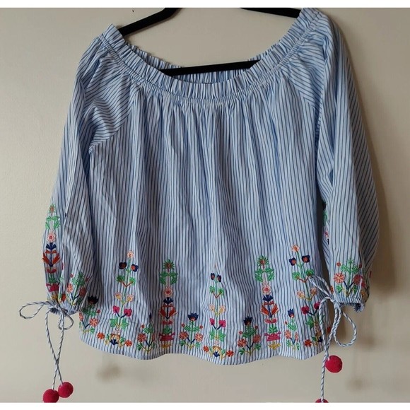 Tops - Bohemian Festival Off the Shoulder Embroidered 3/4 tie sleeve Top  Sz Large